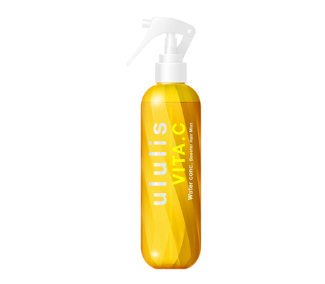 A yellow spray bottle of ULULIS Vita-C Ginmokusei Hair Mist with a white spray nozzle.