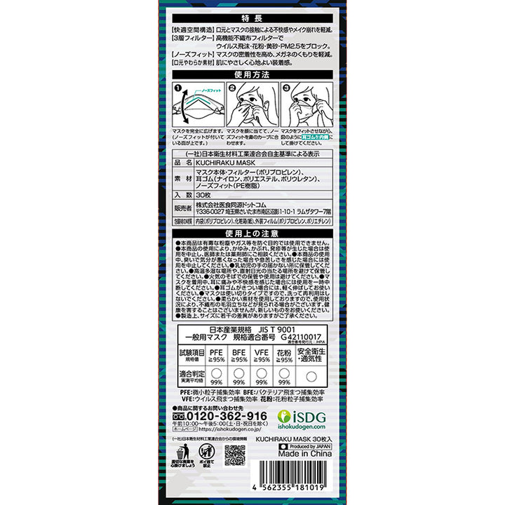 ISDG Kuchiraku Mask White 30pcs (127627)