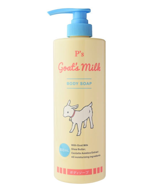 Body soap bottle with pump labeled 'P's Goats Milk' on a white background, featuring Welcia BHG branding.